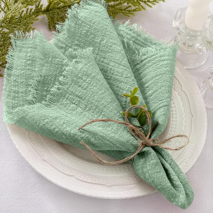 Socomi Set of 6 Linen Napkins Sage Green Easter Spring Cloth Napkins Washable Cotton Dinner Napkins Fringe 17"x17" for Wedding Party Bridal Baby Shower Birthday Table Decorations