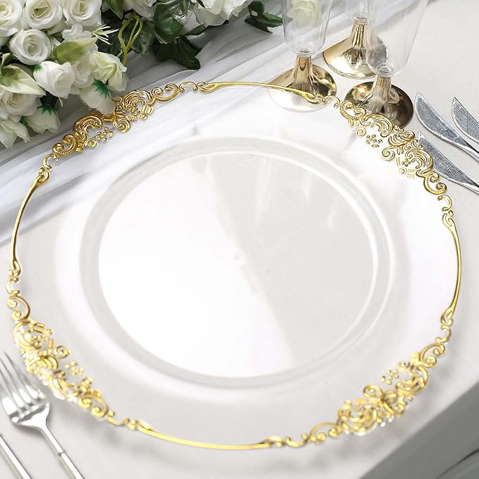 13" Charger Plates -Set of 12 - Acrylic Clear Gold Round Baroque Disposable Chargers Leaf Embossed Rim, Ideal for Dinner Party Wedding Bulk Events