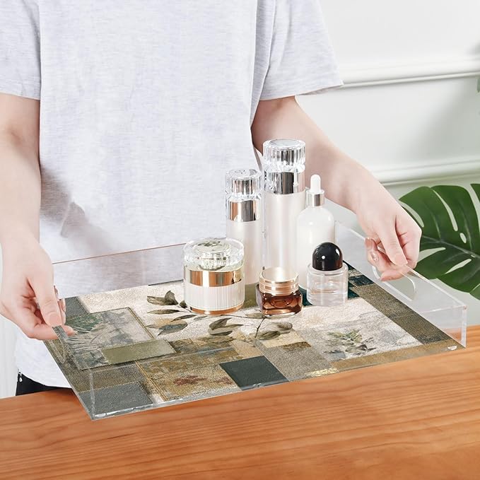 Serving Tray with Handles Clear Acrylic Tray 12x16 Inch Decorative Rectangular Tray Organizer for Ottoman Coffee Table Bathroom Dark Green Bohemian Leaves