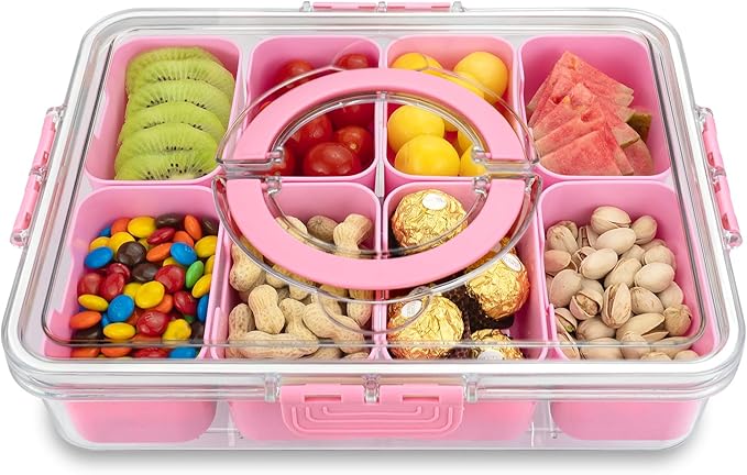Divided Serving Tray with Lid and Handle, 8 Compartments Snack Box, Portable Platter for Candy Fruits Nuts, Snack Party Entertaining Picnic
