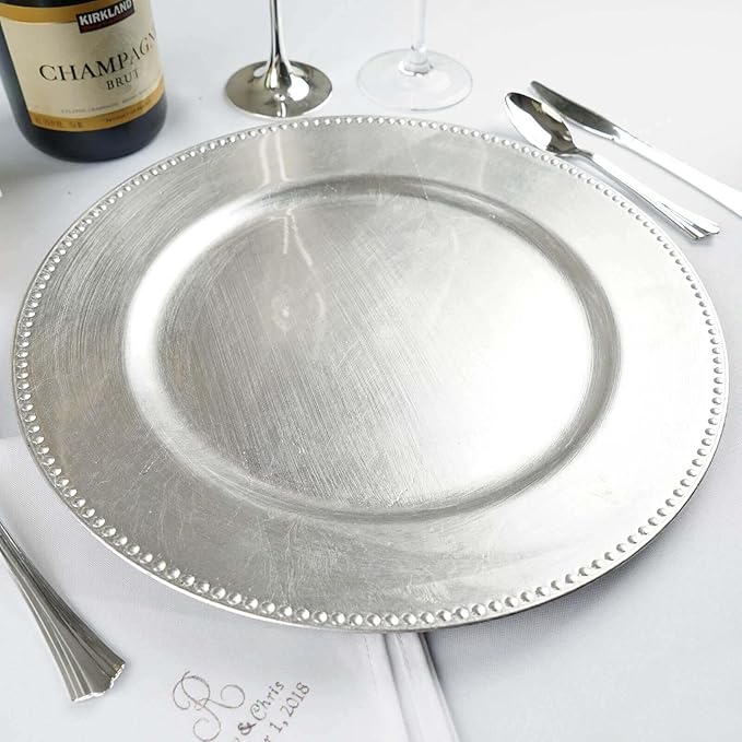 13" Charger Plates -Set of 12 - Acrylic Silver Round Beaded Disposable Chargers, Ideal for Dinner Party Wedding Bulk Events Tabletop Decoration