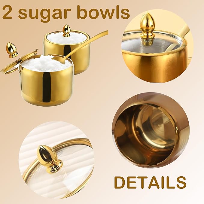 10oz Sugar Bowl 2-Pack with Lid|Gold coffee bar sugar container, includes 2 stainless steel canisters with clear lids. This perfect for kitchen countertop, seasoning storage, and stylish home decor.