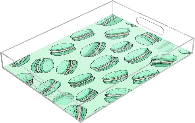 Serving Tray with Handles Clear Acrylic Tray 12x16 Inch Decorative Rectangular Tray Organizer for Ottoman Coffee Table Bathroom Mint Green Cute Macarons