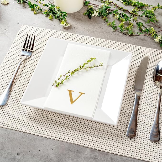 Luxenap 15.8 X 7.9 Inch Linen-Feel Guest Towels, 2000 Lettered Hand Towels - Gold Letter 'V', Sans Serif Font, White Paper Dinner Napkins, airlaid, For Restrooms And Tables