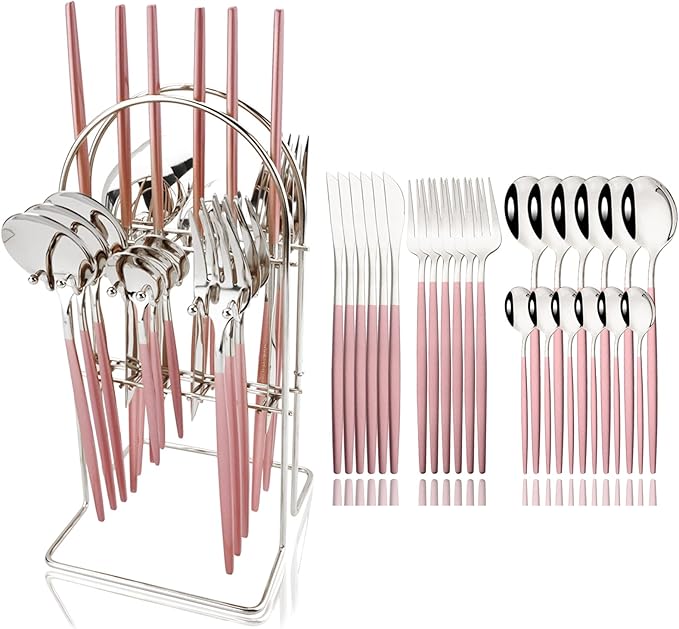 JASHII 24-piece Forks and Spoons Silverware Set with Stand, Metal Tableware Cutlery Set Pink and Silver Plated Stainless Steel Flatware Set,Service for 6,Mirror Polished