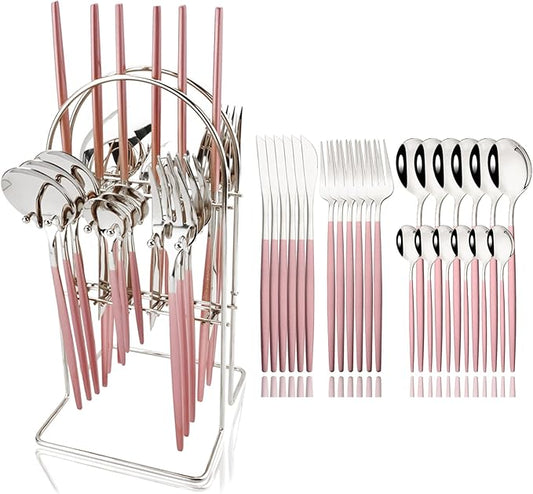 JASHII 24-piece Forks and Spoons Silverware Set with Stand, Metal Tableware Cutlery Set Pink and Silver Plated Stainless Steel Flatware Set,Service for 6,Mirror Polished