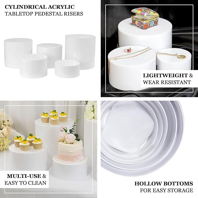 Efavormart Set of 5 Acrylic Cake Stands 8.5", 9", 10", 11", 12" Round Cylinder Design Clear - Display Risers for Weddings