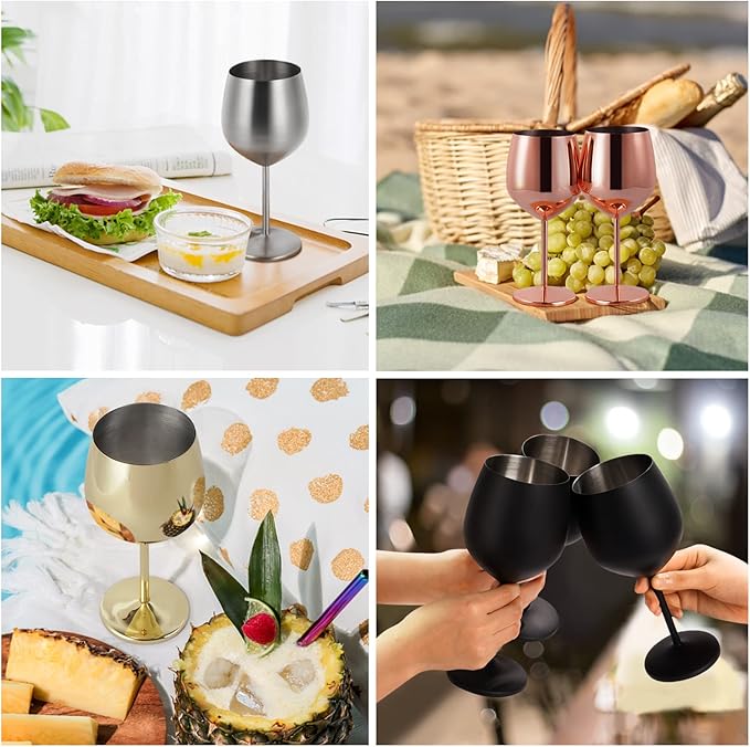 Lifecapido Stainless Steel Wine Glasses Set of 4, 18oz Stainless Steel Wine Goblets, Metal Wine Glasses with Cup Brush for Party Office Wedding Anniversary, Great for Red White Wine, Gold and Black