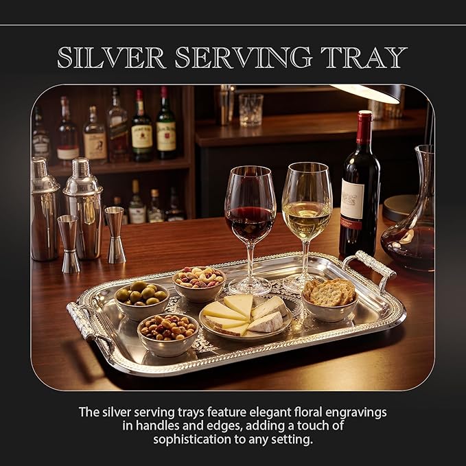 Rtteri Silver Serving Trays with Handles Rectangle Stainless Steel Metal Plate 16.1" x 11.4" Mirror Tray for Cake Cookies Snacks Desserts Fruit Ottoman Coffee Table Living Room Whiskey Table Decor