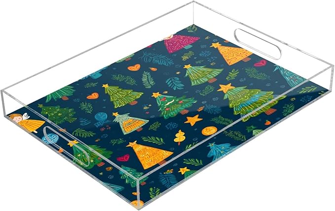 Serving Tray with Handles Clear Acrylic Tray 12x16 Inch Decorative Rectangular Tray Organizer for Ottoman Coffee Table Bathroom Blue Christmas Tree and Love Star