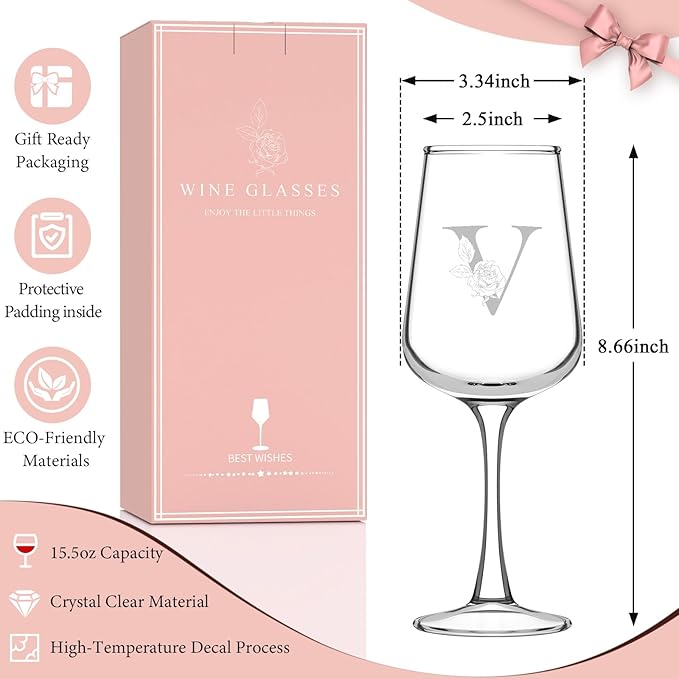 Personalized Wine Glass Gifts for Women - Monogrammed A-Z Wine Glasses Gift | Custom Christmas Gift, Valentines Day, Birthday Gifts for Women Her Mom Wife Best Friend Sister (V)
