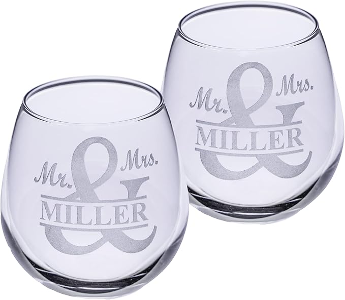 Gifts Inscribed Personalized Mr and Mrs Wine Stemless Glass Set of 2 – Custom Engraved Wedding Stemless Wine Glasses Gift for Couples, Engagement, Birthday, or Anniversary