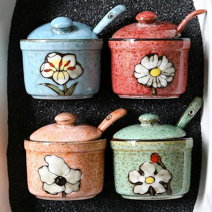 Handmade Ceramic Sugar Bowl with Lid and Spoon, 9oz Porcelain Condiment Jar with Hand-Painted Floral Design, Colorful Seasoning Container for Sugar, Salt, Spices Kitchen (4 colors)