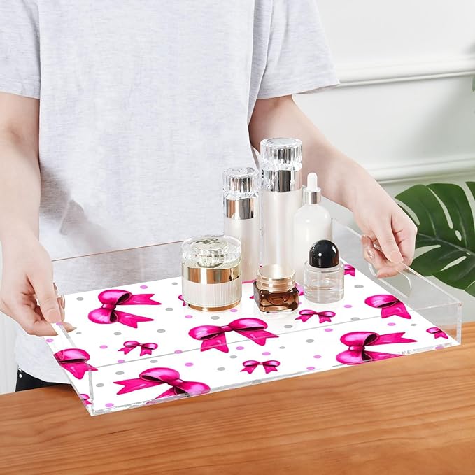 Spill Proof Acrylic Serving Tray, Countertop Organizer 16x12 Inch with Handles for Breakfast, Living Rooms, Coffee, Juice, Kitchen and Desk, (Rosy Bows and Silver Polka Dots)