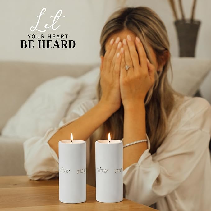 SURI Shabbat Candle Holders Set – Modern Judaica Gift and Jewish Holidays – Concrete Dripless Candle Holders, Short & Tall – Minimalist Jewish Home Decor Shabbos Candles Holders for Tea Lights
