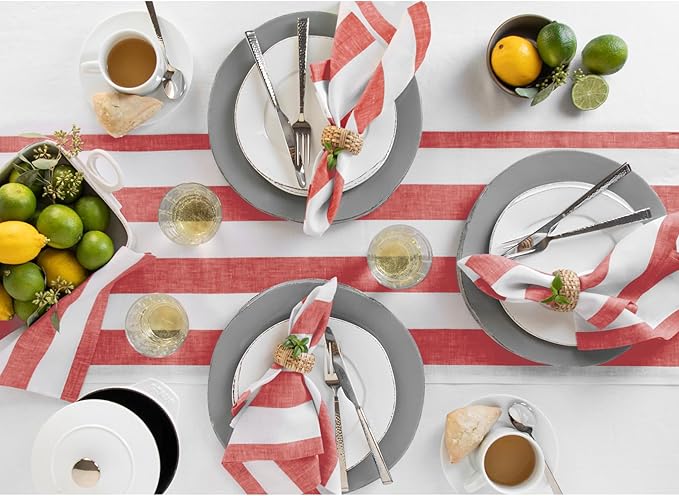 Solino Home Linen Napkins Set of 4-100% Pure Linen Cabana Stripe Red and White Cloth Dinner Napkins 20 x 20 Inch for Christmas, Holiday, Winter, New Year - Handcrafted and Machine Washable