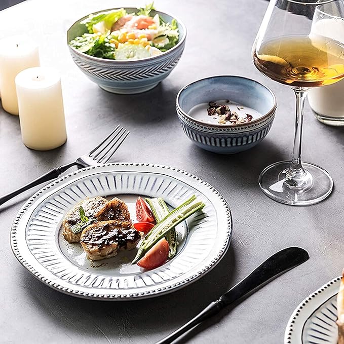 Resistant Dinner Set, Ceramics Dinner Sets, 16 Pieces Relief Craft Porcelain Dinnerware Set | Retro Blue and White Cereal Bowl Steak Plate