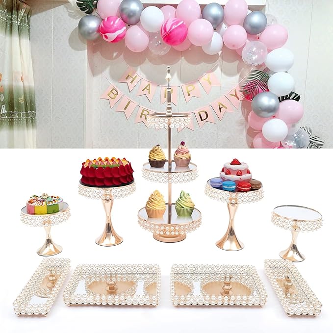 9 Pcs Crystal Metal Cake Stand, Dessert Tower Plate Holder Cupcake Display, Round Cupcake Stands with Crystal Bead for Wedding, Birthday Party, Event