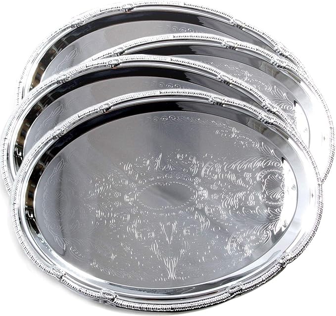 (Pack of 4) 17.7-Inch x 12.9-Inch Oval Shape Chrome Plated Serving Tray Plate Food Art Decor Floral Pattern Engraved Holiday Party Buffet Wedding Birthday (X-Large) T125XL-4PK