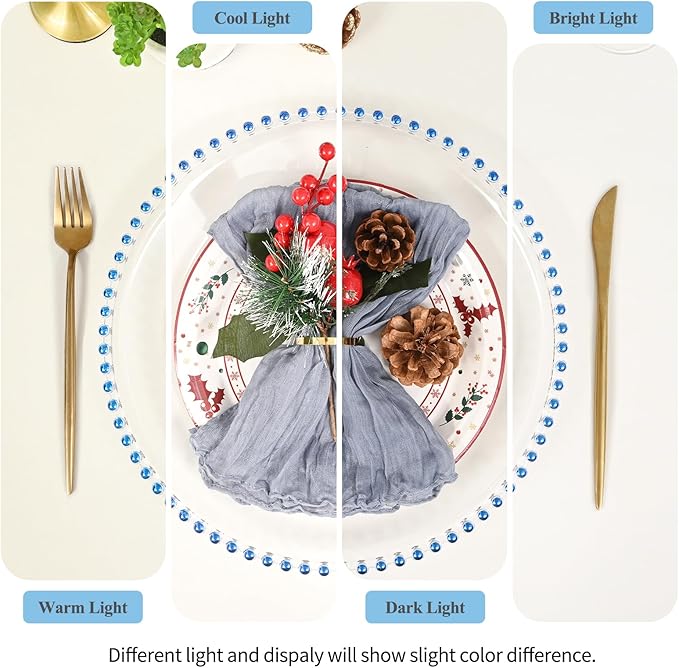 12 Pack Clear Charger Plates with Beaded Rim, 13 Inch Plastic Chargers for Dinner Plates Acrylic Round Tabletop Decoration for Home Kitchen Catering Wedding Table Event Party Dinner (Blue)