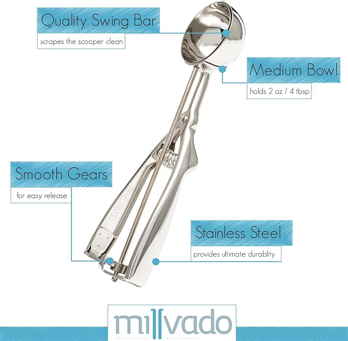Stainless Steel Ice Cream and Cookie Scoop | Medium Sized, Spring Loaded Lever Design, For Sorbet, Melon, Meatballs, Muffins, and More, 2 Ounce (2-1/8”) Scooper