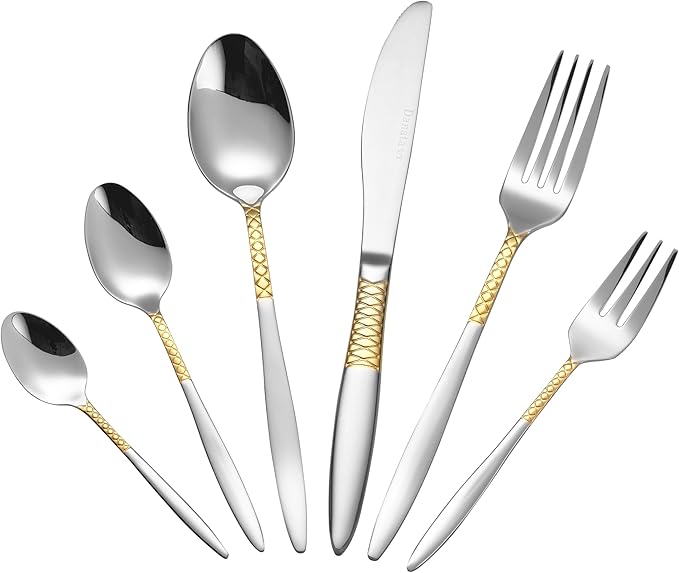 Lorren Home Trends 86 Piece 18/10 Stainless Steel and Gold Flatware Set, Service for 12, Chest included