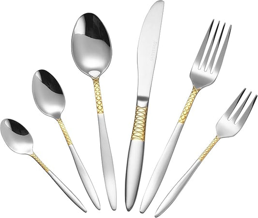 Lorren Home Trends 86 Piece 18/10 Stainless Steel and Gold Flatware Set, Service for 12, Chest included