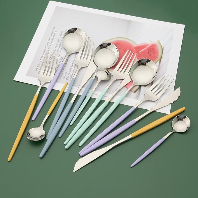 Silverware Set, 24 Pcs Stainless Steel Flatware Cutlery Set, Knives Forks and Spoons Set with Colored Handles, Rust-proof Serving Utensils, Mirror Polished, Service for 6 (Silver+Blue)