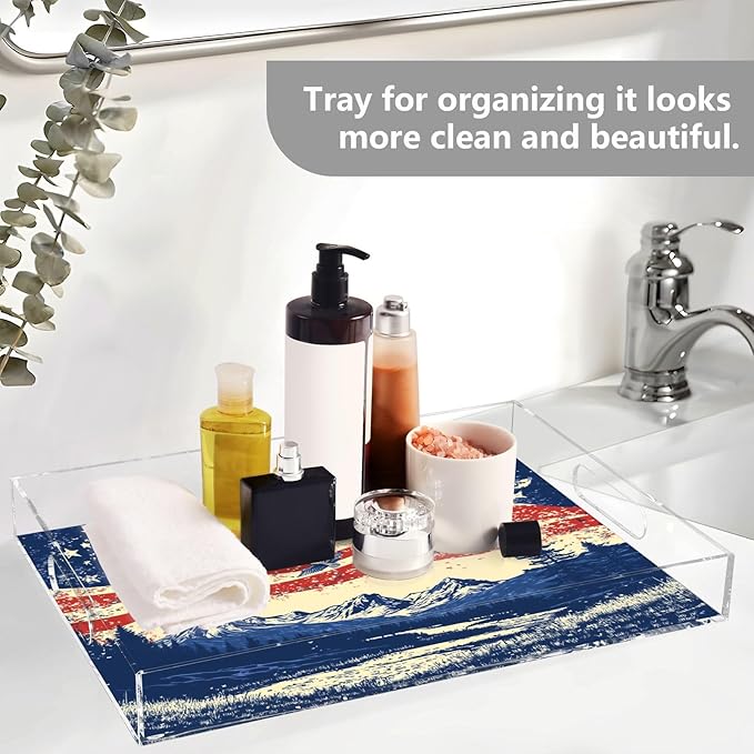 Serving Tray with Handles Clear Acrylic Tray 12x16 Inch Decorative Rectangular Tray Organizer for Ottoman Coffee Table Bathroom July 4th Flags Mountains Blue