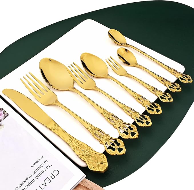 Elegant 32-Piece (4 Set) Retro Flatware Set, Stainless Steel Cutlery Set - Complete Eating Tableware Serving Set, Dishwasher Safe, Shiny Mirror Polish (Gold)