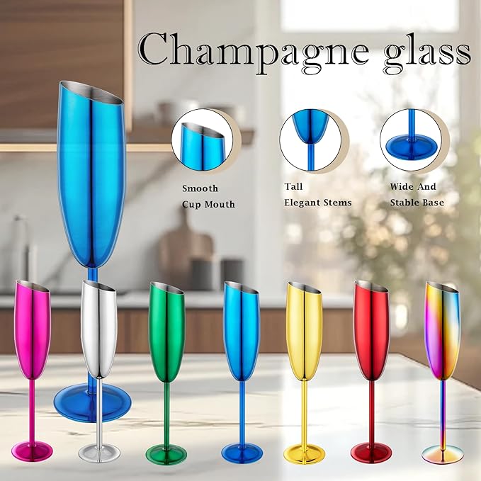 Champagne Flutes Set of 2, Premiumty Stainless Steel High Footed Champagne Glasses, 7oz Capacity,Unbreakable Slanted Champagne Glasses