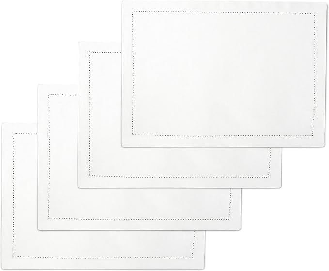 Encasa XO Placemats Set of 4 | Cotton Hemstitched Design | White | Rectangular 19"x13" - Dining Table Mat | for Dining Table Fall Decoration, Holiday & Christmas Festivals - Machine Washable