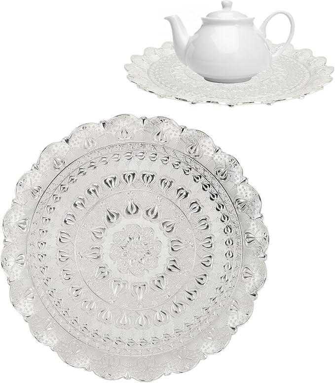 Turkish Vintage Embossed Tea Coffee Serving Tray, Metal Round Coffee Plate for Bar Outdoor Dessert, Elegant Retro (Silver)