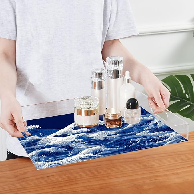 Serving Tray with Handles Clear Acrylic Tray 12x16 Inch Decorative Rectangular Tray Organizer for Ottoman Coffee Table Bathroom Japanese Deep Blue Sea Waves