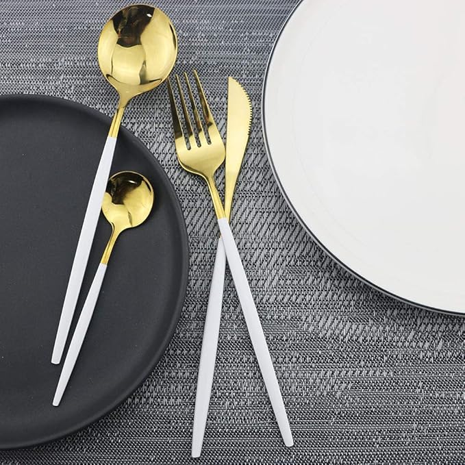 JASHII 24 Piece Titanium White And Golden Plated Stainless Steel Flatware Set, White Handle With Golden Mouth Silverware Set White And Golden Cutlery Set Service for 6 (Handle White,Shiny Golden)