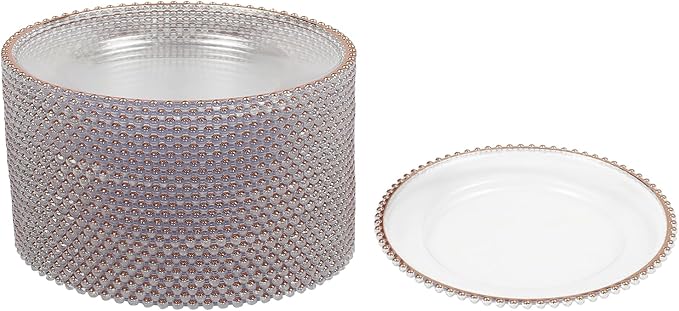 25 Pack Rose Gold Charger Plates – Elegant Round Decorative Plates with Beaded Edge – Clear & Gold Hot-Stamped PS Platters for Weddings, Parties, Banquets – Stackable, Reusable