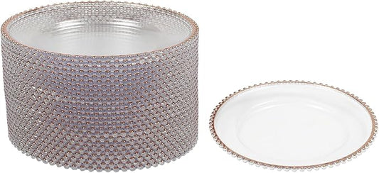 25 Pack Rose Gold Charger Plates – Elegant Round Decorative Plates with Beaded Edge – Clear & Gold Hot-Stamped PS Platters for Weddings, Parties, Banquets – Stackable, Reusable