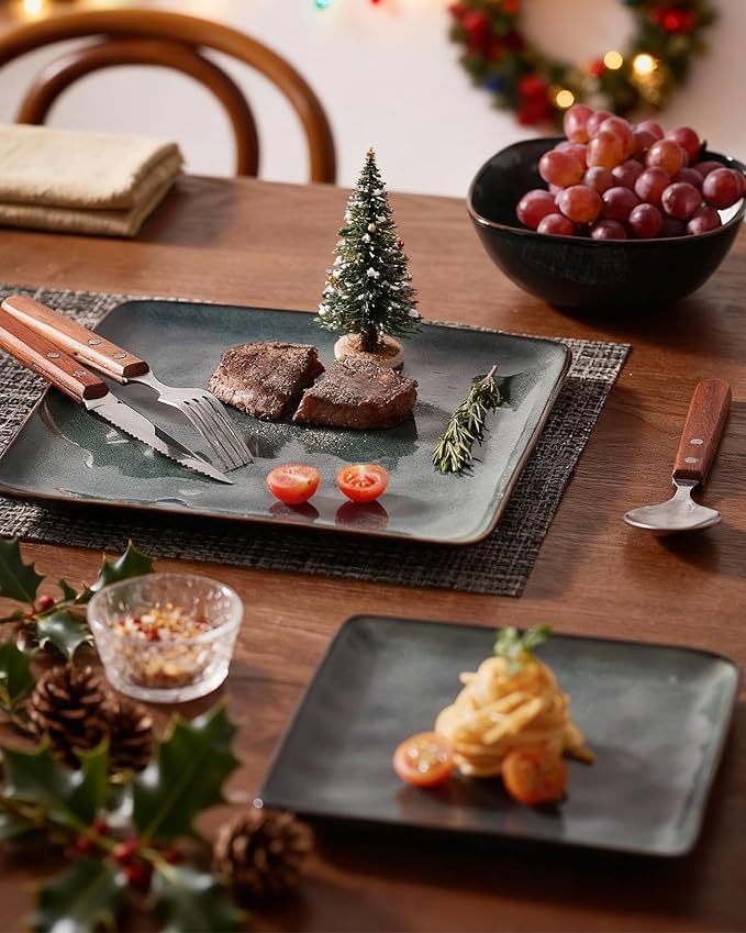 Famiware Dinnerware Sets for 4, Ocean Square 12-Piece Kitchen Plates and Bowls Sets, Reactive Glaze, Microwave and Dishwasher Safe, Scratch Resistant, Deep Forest
