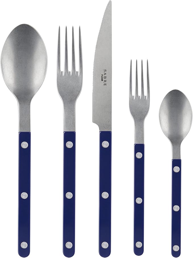 SABRE PARIS - 20-Piece Flatware Set For 4 - Bistrot Vintage Collection - Knives, Forks, Soup Spoons, Teaspoons & Dessert Forks - Stainless Steel & Nylon - Dishwasher Safe - Navy Blue - Mat Finish