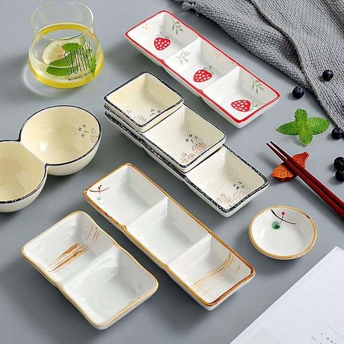 Salad plate Soy Sauce Dish Ceramic Sauce Dish 3 Compartment Appetizer Serving Tray Rectangular Divided Dip Bowls for Sushi Ketchup Dessert Appetizer Seasoning Dishes Plastic plate ( Size : 9.45x3.39x1