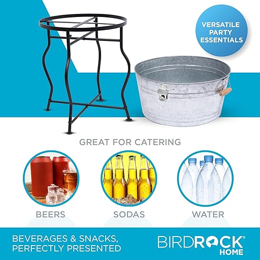 BirdRock Home Galvanized Beverage Tub with Stand | Bottle Opener | Party Drink Holder | Wooden Handles | Outdoor or Indoor Use | Free Standing
