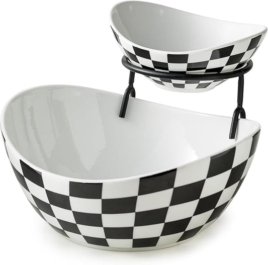 Tiered Serving Bowls Chip and Dip Serving Set with Stand, Ceramic Appetizer Serving Dishes Platters and Trays for Parties Entertaining - Checkered Kitchen Decor