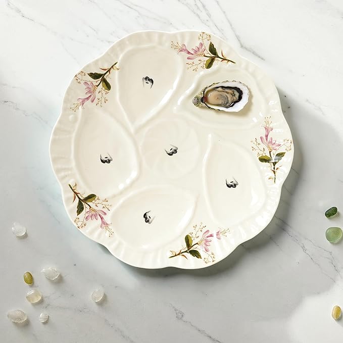 Creative Co-Op Scalloped Stoneware Oyster Plate with Floral Design, Cream