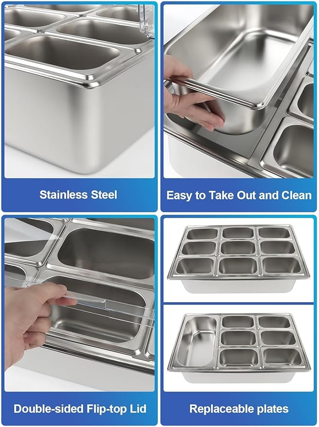Kalolary Pizza Topping Storage Station, Stainless Steel Condiment Containers with Flip Lids Spoons Ice Box Food Tongs Ice Food Serving Display Container Salad Bar Buffet Station for Home Kitchen Party