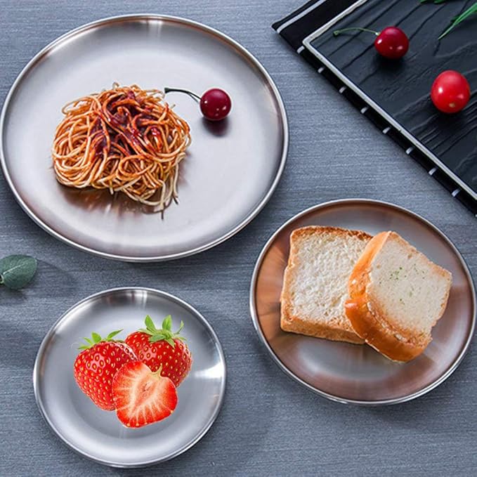 Stainless Steel Plate 2 Set Reusable Round Metal Dinner Plates 13.5 Inch - Vintage Silver Heavy Duty Kitchenware Dinner Dishes for Snack,Camping,BBQ Steak,Dishwasher Safe