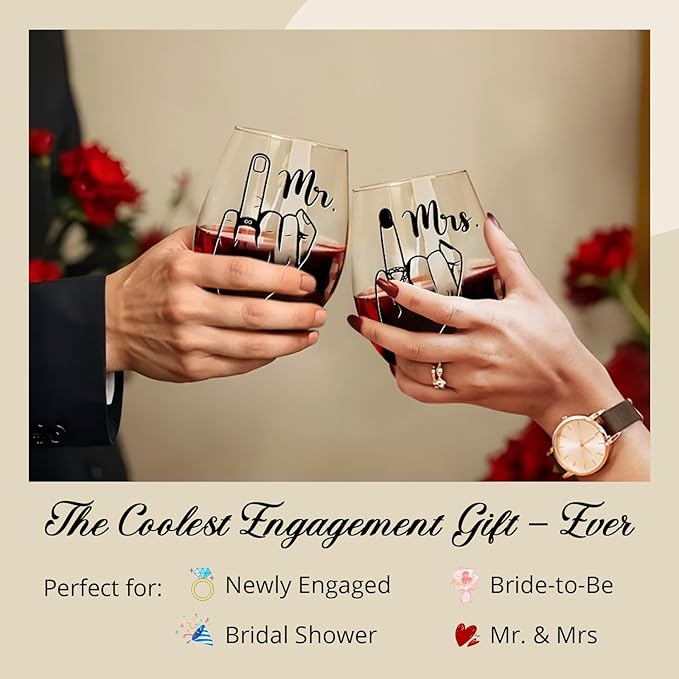 Funny Engagement Gift for Couples – Ring Finger Wine Glasses Set – Cool Bridal Shower/Wedding/Bachelorette Gift for Bride and Groom, Newlyweds, Bridal Shower, Just Married,Mr and Mrs