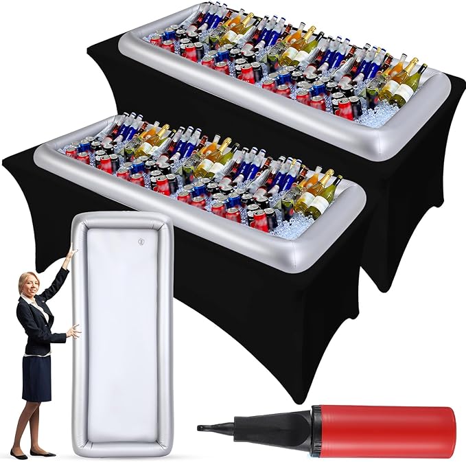 Large Inflatable Serving Bar 72 x 30 x 5'' Inflatable Ice Serving Buffet Bar Inflatable Cooler Ice Buffet Salad Serving Trays with Drain Plug for Pool Outdoor Party Picnic (Silver,2 Pack)