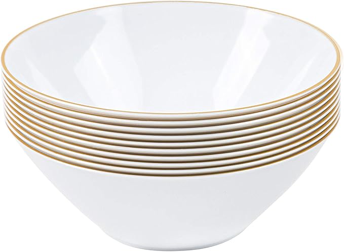 [6 OZ 20 Count] White Plastic Organic Party Dessert bowls ice cream bowl With Gold Rim Premium heavyweight Elegant Disposable Tableware Dishes