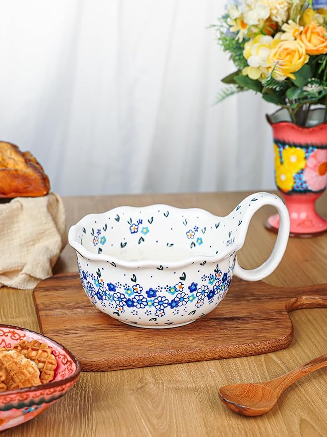 silesia Handmade Ceramic Soup Bowl, 30 oz Hand Painted Bowl with Loop Handle, Floral Design Cereal Bowl for Soup, Ice cream, Snack, Microwave & Dishwasher Safe (Forget Me Not)