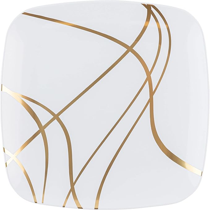 PLASTICPRO Square 32 Piece Combo Plates Set includes 16 x 7'' inch Salad Plates & 16 x 10'' inch Dinner Plates White Plastic with Gold impulse Design Party Plates, heavyweight Dishes,